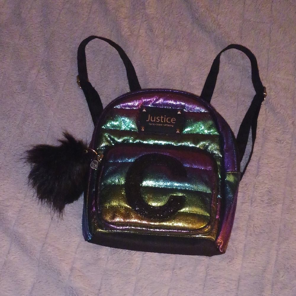 Justice Girls Small Rainbow Metallic Backpack With 'C" On Front